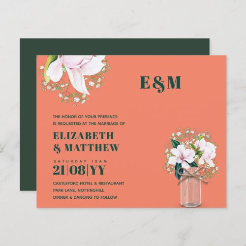BUDGET Floral Pink Magnolias Green Wedding Invite