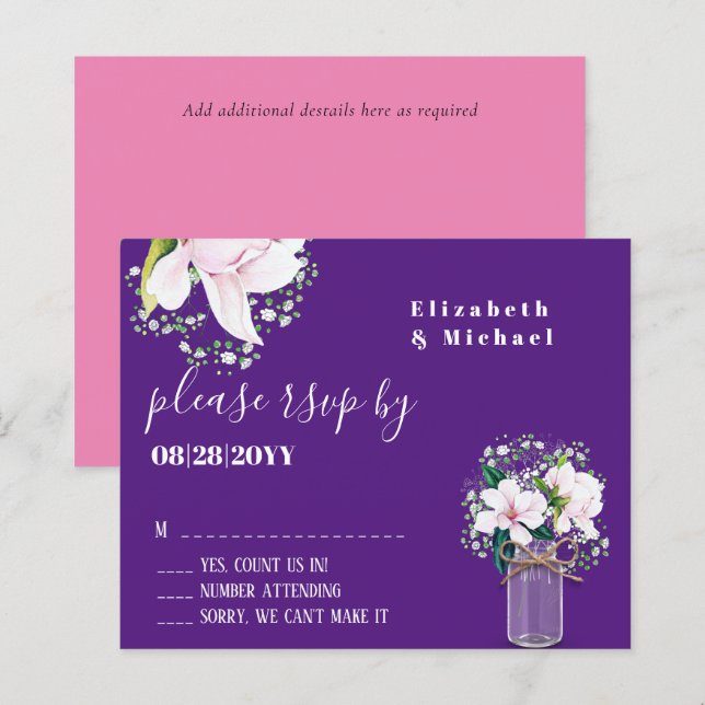 BUDGET Floral Pink Magnolias Purple Wedding RSVP (Front/Back)