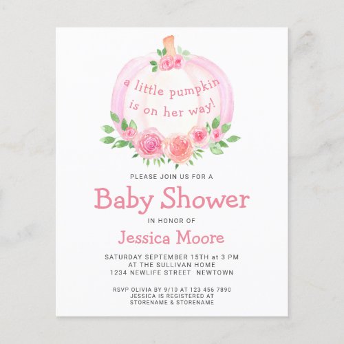 Budget Floral Pink Pumpkin Baby Shower Invitation