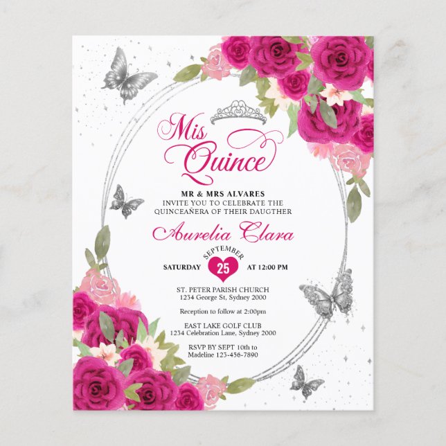 BUDGET Floral Pink Silver Butterfly Quinceañera (Front)