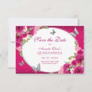 BUDGET Floral Pink Silver Butterfly Quinceanera Note Card