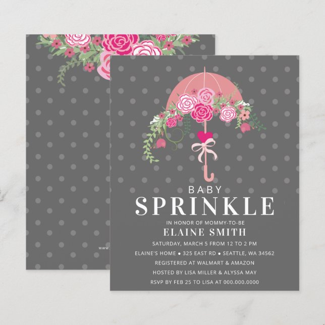 Budget Floral Pink Umbrella Baby Shower Invitation (Front/Back)