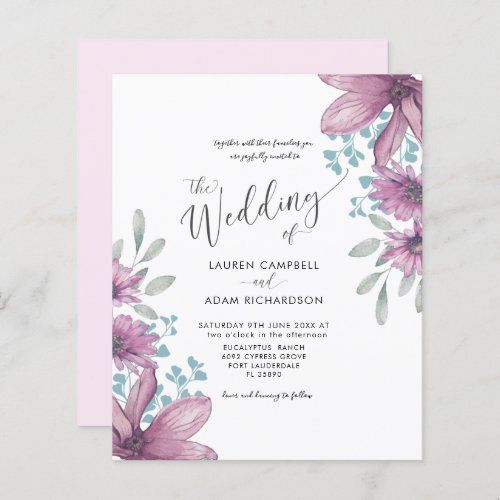 Budget Floral Pink Watercolor Wedding Invitation