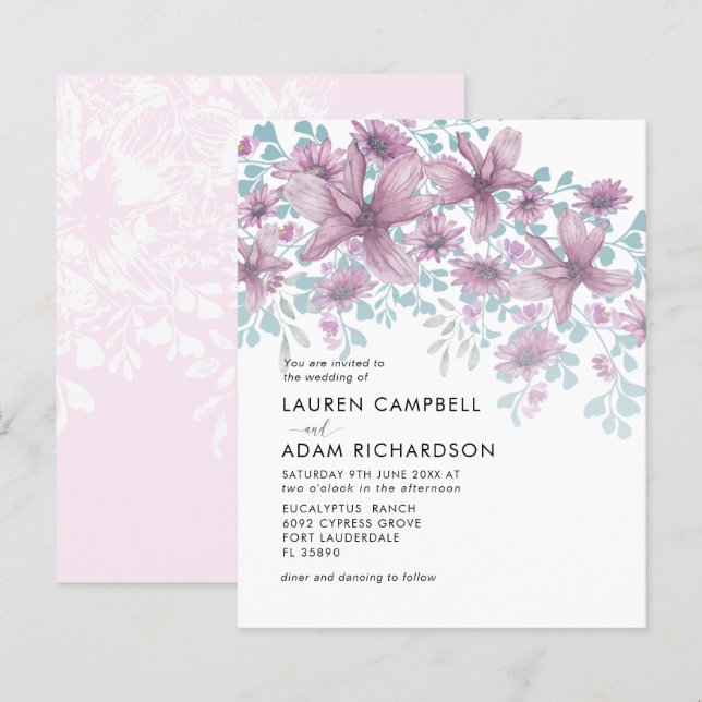 Budget Floral Pink Watercolor Wedding Invitation (Front/Back)