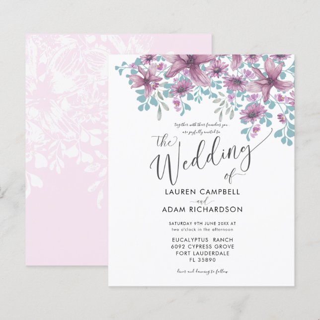 Budget Floral Pink Watercolor Wedding Invitation (Front/Back)