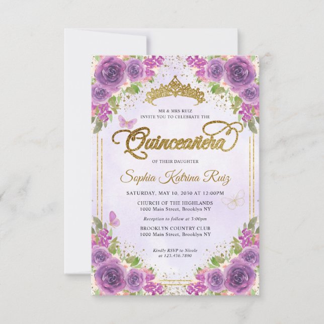 Budget Floral Purple Glam Gold Glitter Quinceañera Note Card (Front)