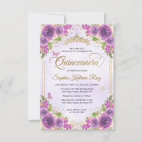 Budget Floral Purple Glam Gold Glitter Quinceaera Note Card