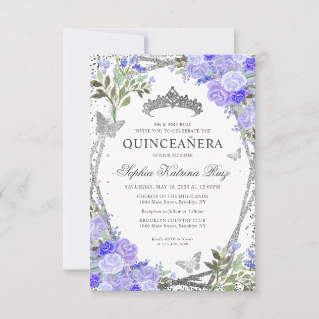 Budget Floral Purple Glam Silver Tiara Quinceañera Note Card (Front)