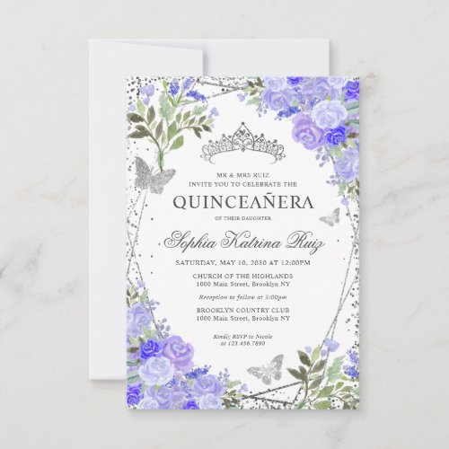 Budget Floral Purple Glam Silver Tiara Quinceaera Note Card
