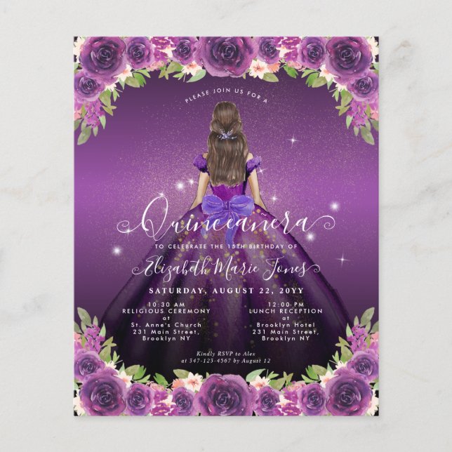 Budget Floral Purple Gold Princess Quinceanera (Front)