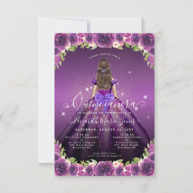 Budget Floral Purple Gold Princess Quinceanera Note Card (Front)