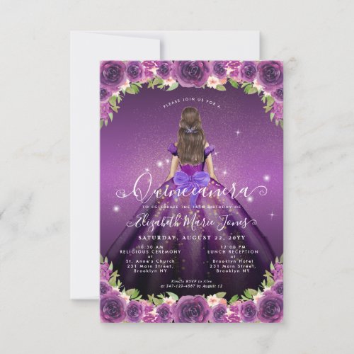 Budget Floral Purple Gold Princess Quinceanera Note Card