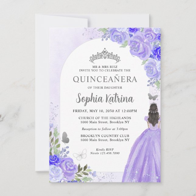 Budget Floral Purple Gray Princess Quinceanera Note Card (Front)