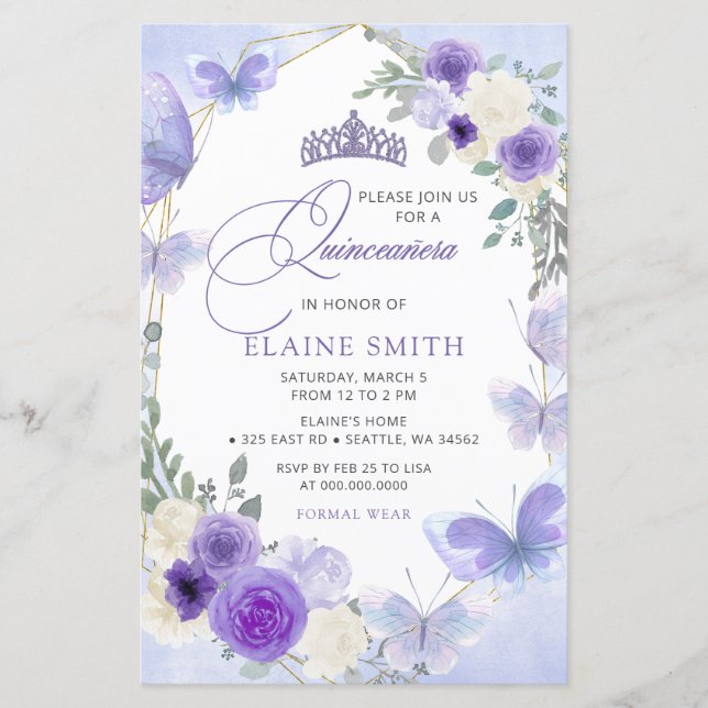 Budget Floral Purple Lilac Butterflies Quinceanera (Front)