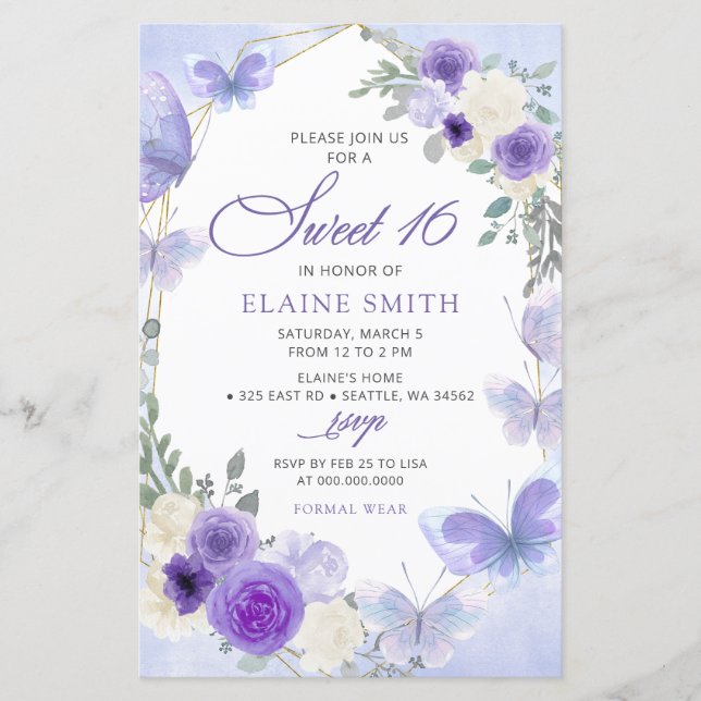 Budget Floral Purple Lilac Butterflies Sweet 16 (Front)
