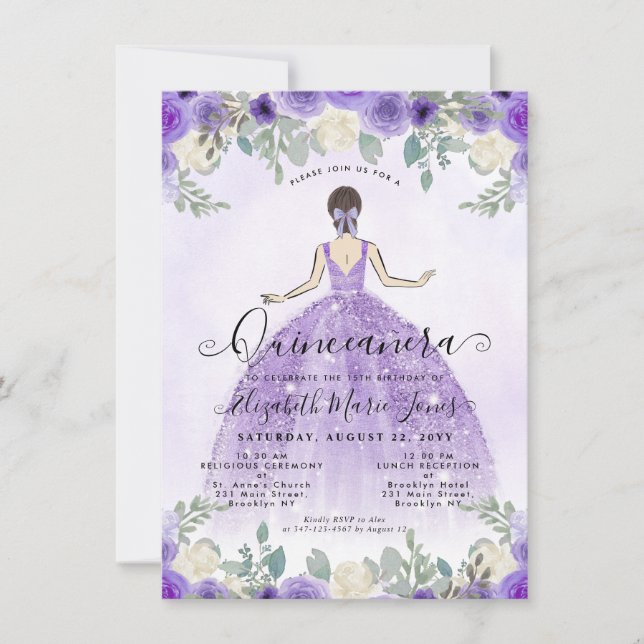 Budget Floral Purple Princess Birthday Quinceanera Note Card (Front)