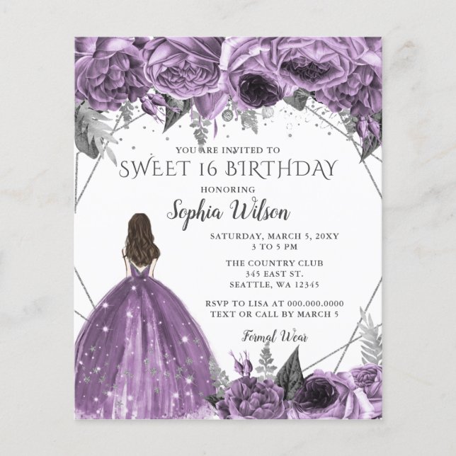 Budget Floral Purple Princess Sweet 16 Invitation (Front)