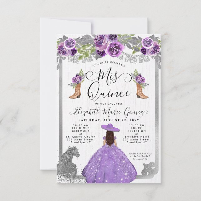 Budget Floral Purple Silver Charra Quinceanera Note Card (Front)