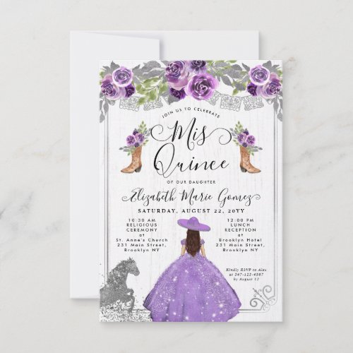 Budget Floral Purple Silver Charra Quinceanera Note Card