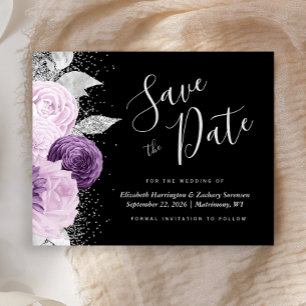 Budget Floral Purple Silver Glitter Save the Date