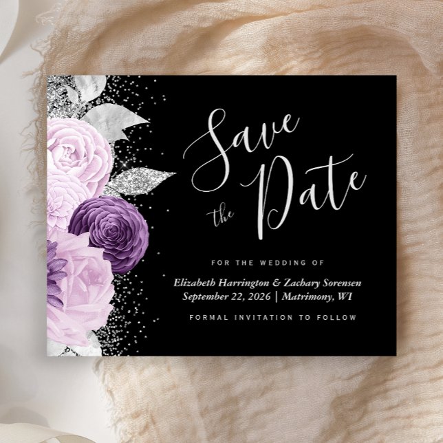 Budget Floral Purple Silver Glitter Save the Date (Creator Uploaded)