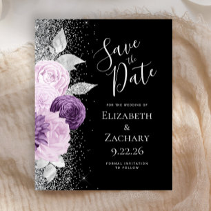 Budget Floral Purple Silver Glitter Save the Date
