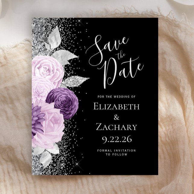 Budget Floral Purple Silver Glitter Save the Date (Creator Uploaded)