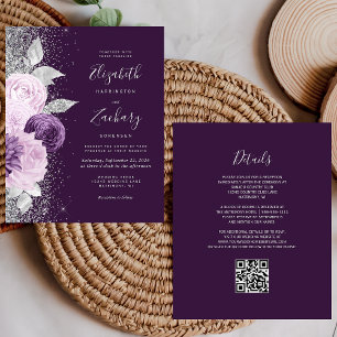 Budget Floral Purple Silver QR Code Wedding