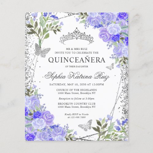 Budget Floral Purple Silver Quinceaera Invite