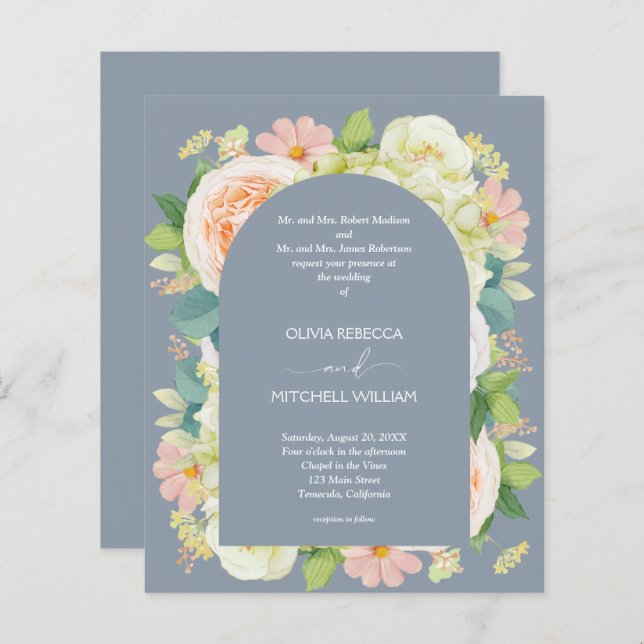 Budget Floral QR Code Dusty Blue Wedding Invites (Front/Back)