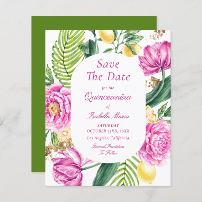 Budget Floral Quinceañera Save The Dates (Front/Back)