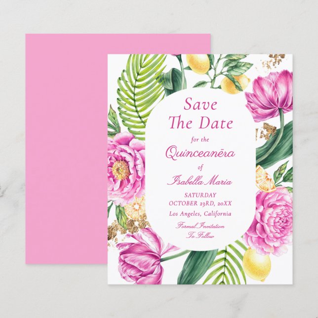 Budget Floral Quinceañera Save The Dates (Front/Back)