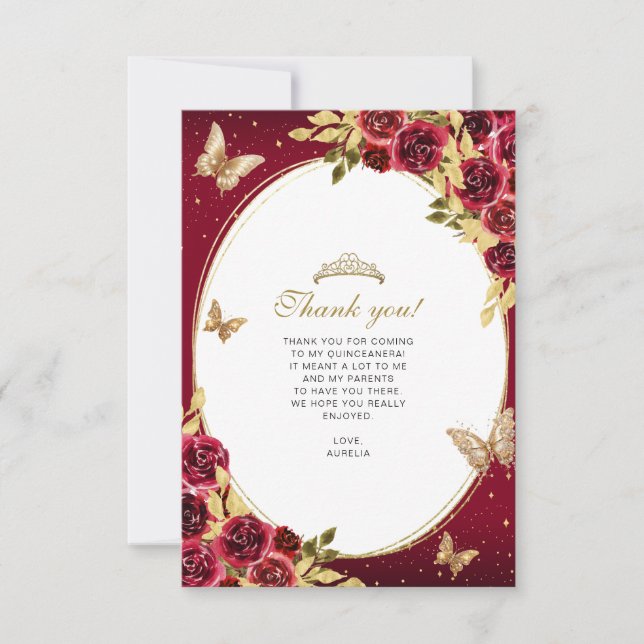 BUDGET Floral Red Gold Butterfly Photo Quinceañera Note Card (Front)
