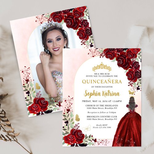 Budget Floral Red Gold Princess Photo Quinceaera