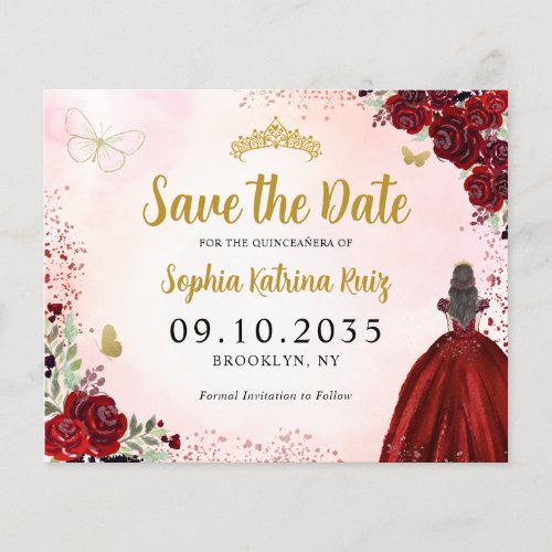 Budget Floral Red Gold Quinceanera Save the Date