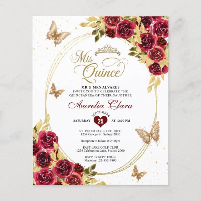 BUDGET Floral Red Gold Tiara Butterfly Quinceañera (Front)