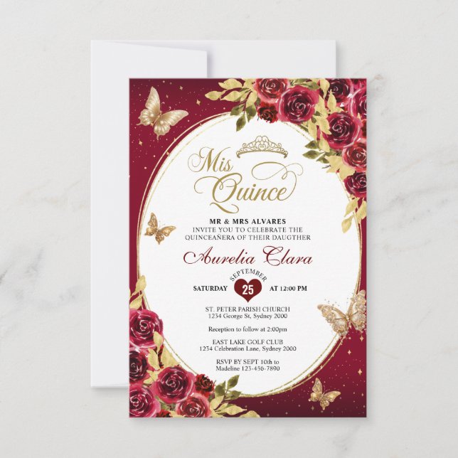 BUDGET Floral Red Gold Tiara Butterfly Quinceañera Note Card (Front)