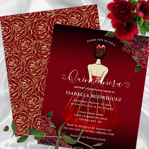 Budget Floral Red Princess Gold Quinceaera