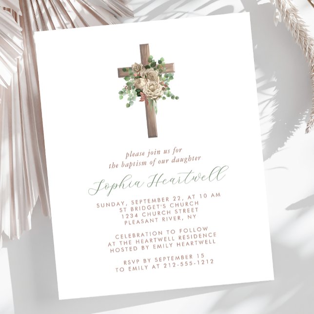 Budget Floral Rose Gold Cross Girl Baptism Invite (Creator Uploaded)