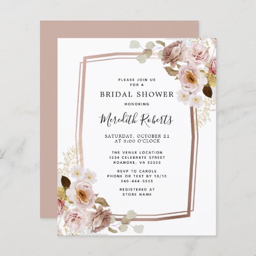 Budget Floral Rose Gold Frame Bridal Shower Invite