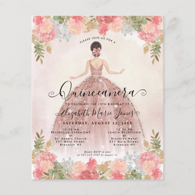 Budget Floral Rose Gold Pink Princess Quinceanera (Front)