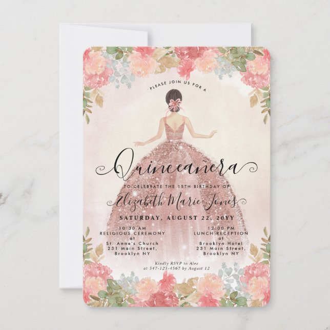 Budget Floral Rose Gold Pink Princess Quinceanera Note Card (Front)