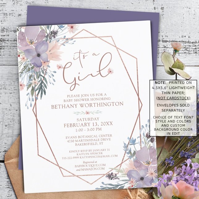 Budget Floral Rose Gold Purple Baby Shower Invite (Creator Uploaded)