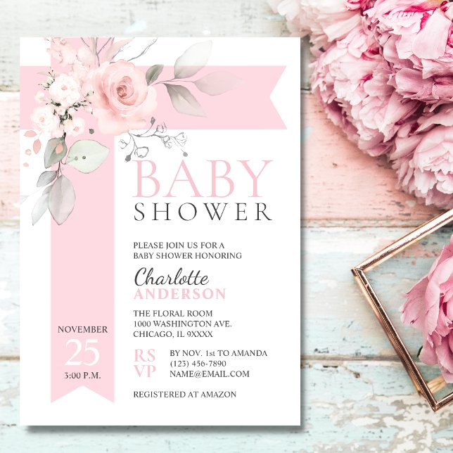 Budget Floral Roses Blush Pink Girl BABY SHOWER Invitation (Creator Uploaded)