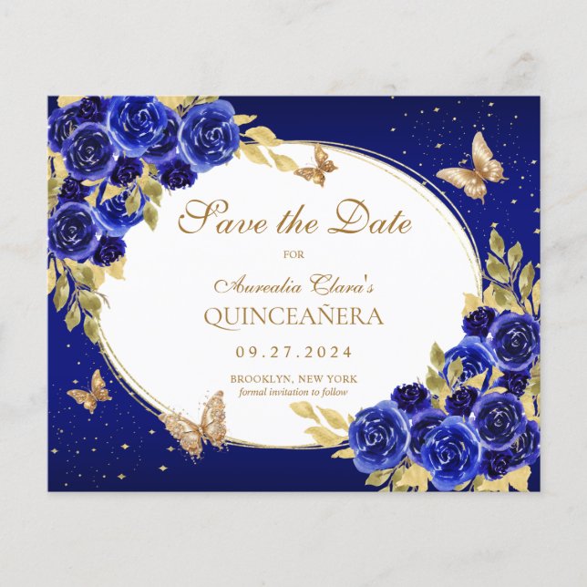 BUDGET Floral Royal Blue Butterfly Quinceanera (Front)
