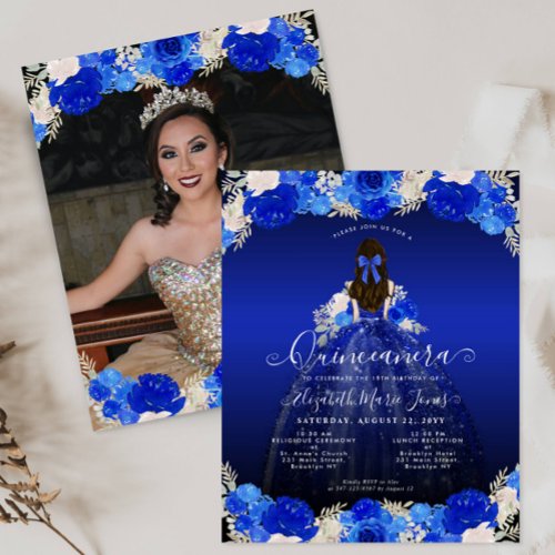 Budget Floral Royal Blue Dress Photo Quinceanera