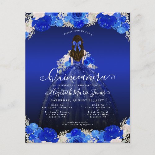 Budget Floral Royal Blue Dress Quinceanera Invite