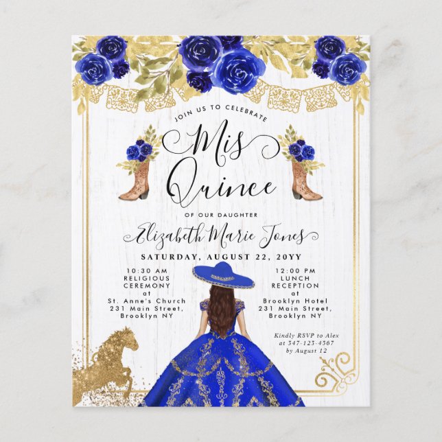 Budget Floral Royal Blue Gold Charra Quinceanera (Front)