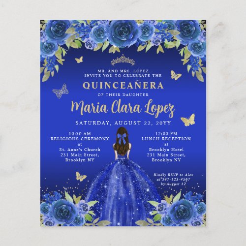 Budget Floral Royal Blue Gold Princess Quinceanera