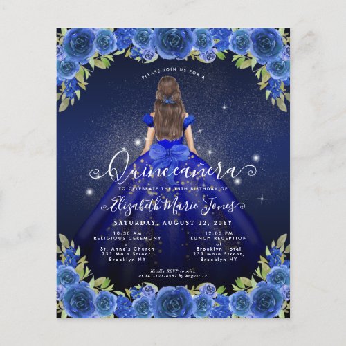 Budget Floral Royal Blue Gold Princess Quinceanera